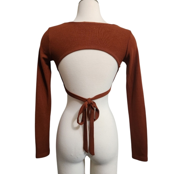 PRINCESS POLLY CATI LONG SLEEVE CROPPED TOP BROWN SZ 0 - Picture 3 of 8
